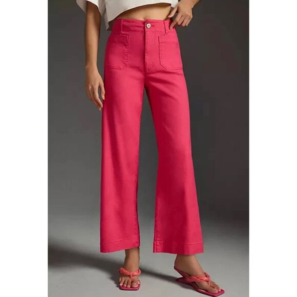 Maeve Anthropologie The Colette Linen Blend Wide-Leg Crop Size 27 Tall Geranium - Picture 1 of 8